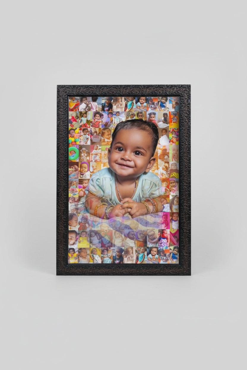 A custom mosaic photo frame featuring multiple smaller photo tiles arranged in the shape of a larger image, with a young child smiling in the center. The frame has a black border and is displayed on a desk.