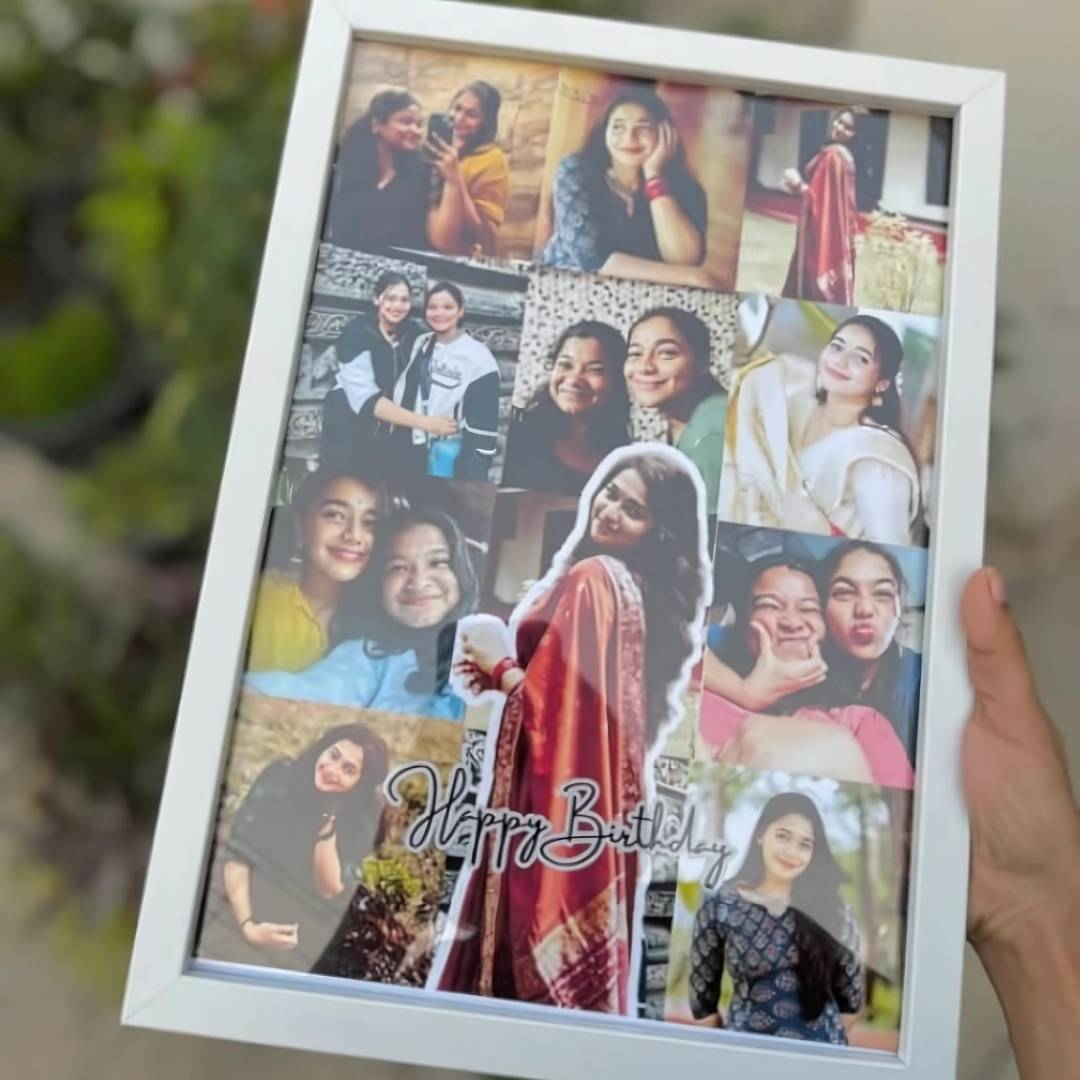 A custom collage photo frame with multiple images arranged in a grid pattern, with a 'Happy Birthday' message at the bottom.