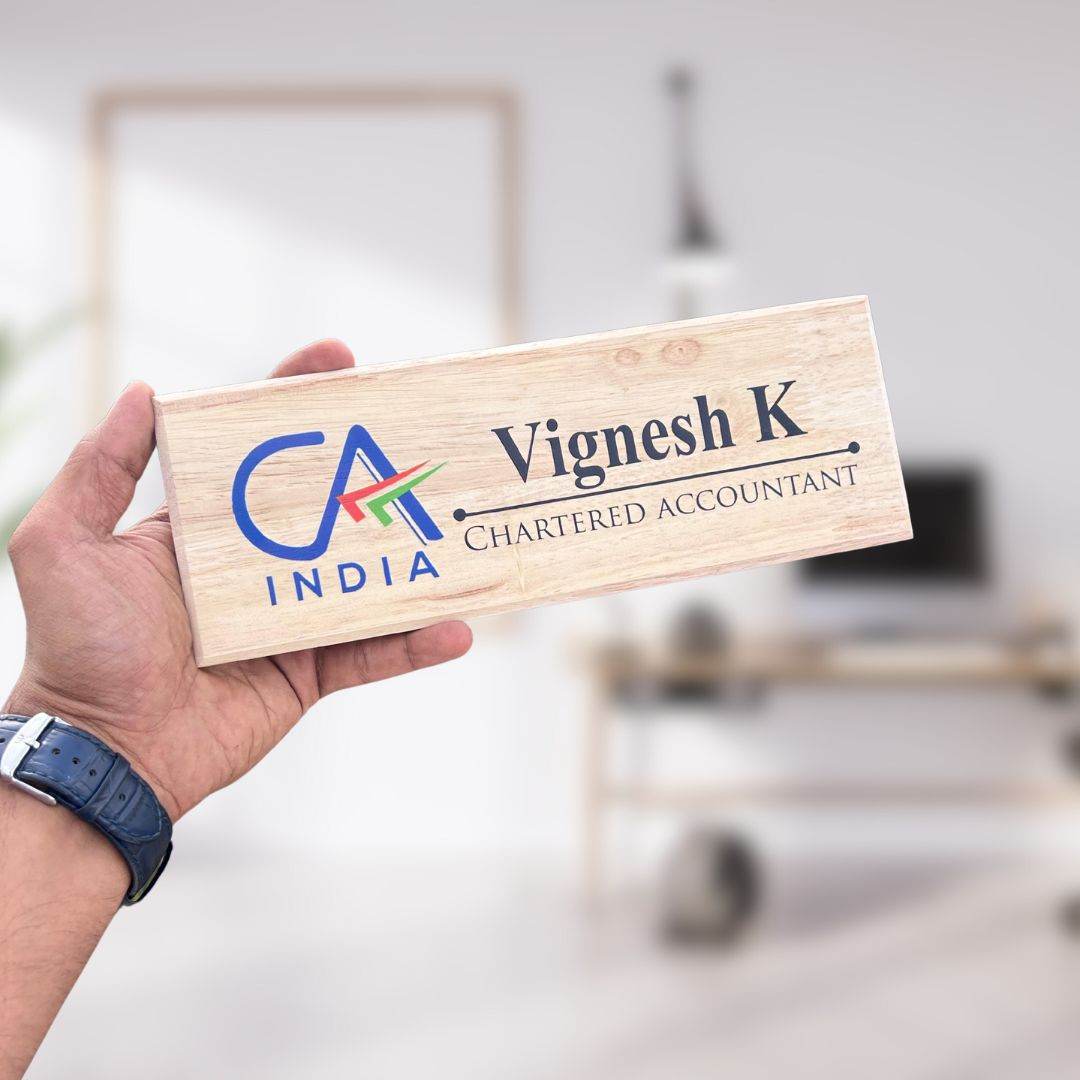 CA Custom Office Desk Name Plate | Wooden Name Plate with Logo - BBD GIFTS