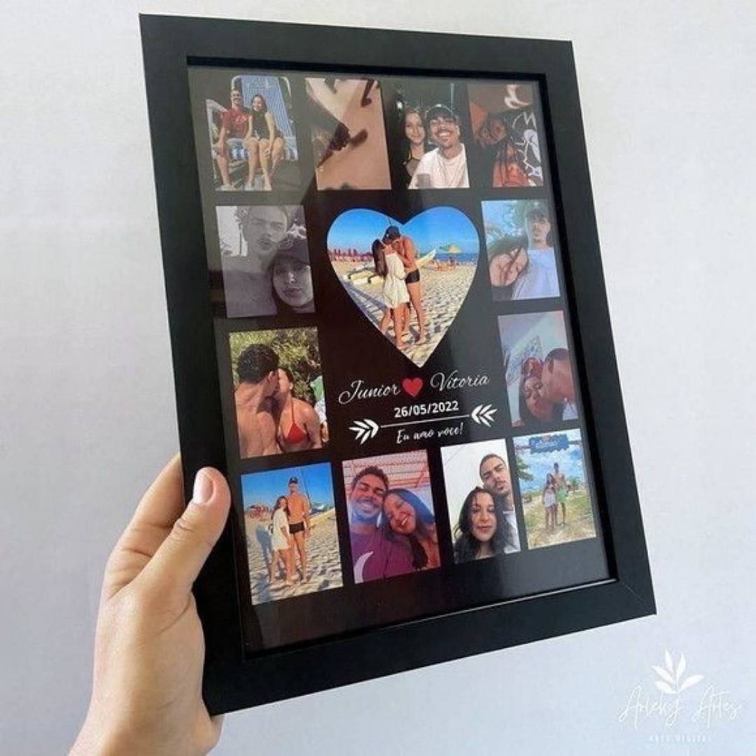 A hand holding a heart-shaped photo collage frame with a black border, displaying multiple photos of a couple and a heart shape in the center.