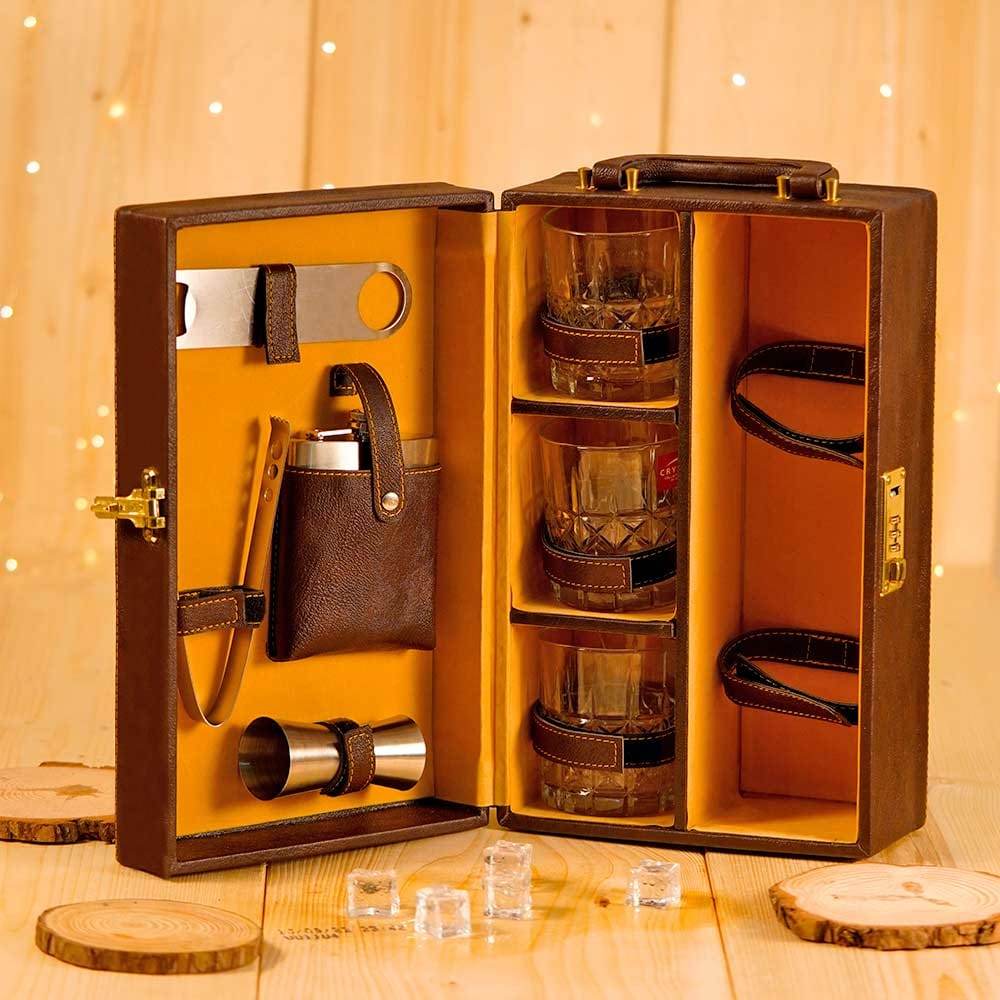 Customize Wine Set Box | Brown portable wine bar set | Leatger suitcase wine bar set | Groomsmen gift | Bar box - BBD GIFTS