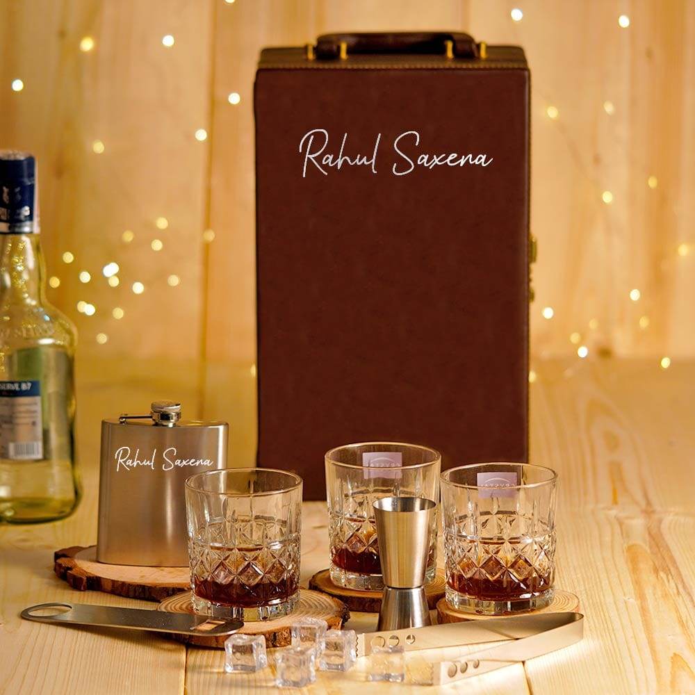 Customize Wine Set Box | Brown portable wine bar set | Leatger suitcase wine bar set | Groomsmen gift | Bar box - BBD GIFTS