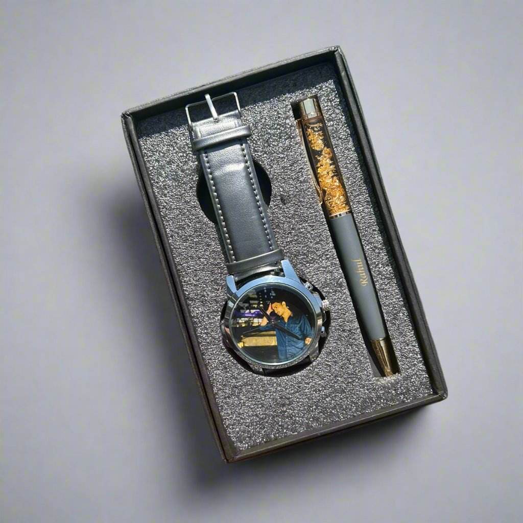 Customized Gift For
Boyfriend - Personalized Gift For Men - Gift For Husband - Photo Wrist Watch & Gold Flake Pen Combo - BBD GIFTS