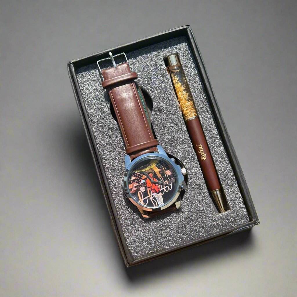 Customized Gift For
Boyfriend - Personalized Gift For Men - Gift For Husband - Photo Wrist Watch & Gold Flake Pen Combo - BBD GIFTS