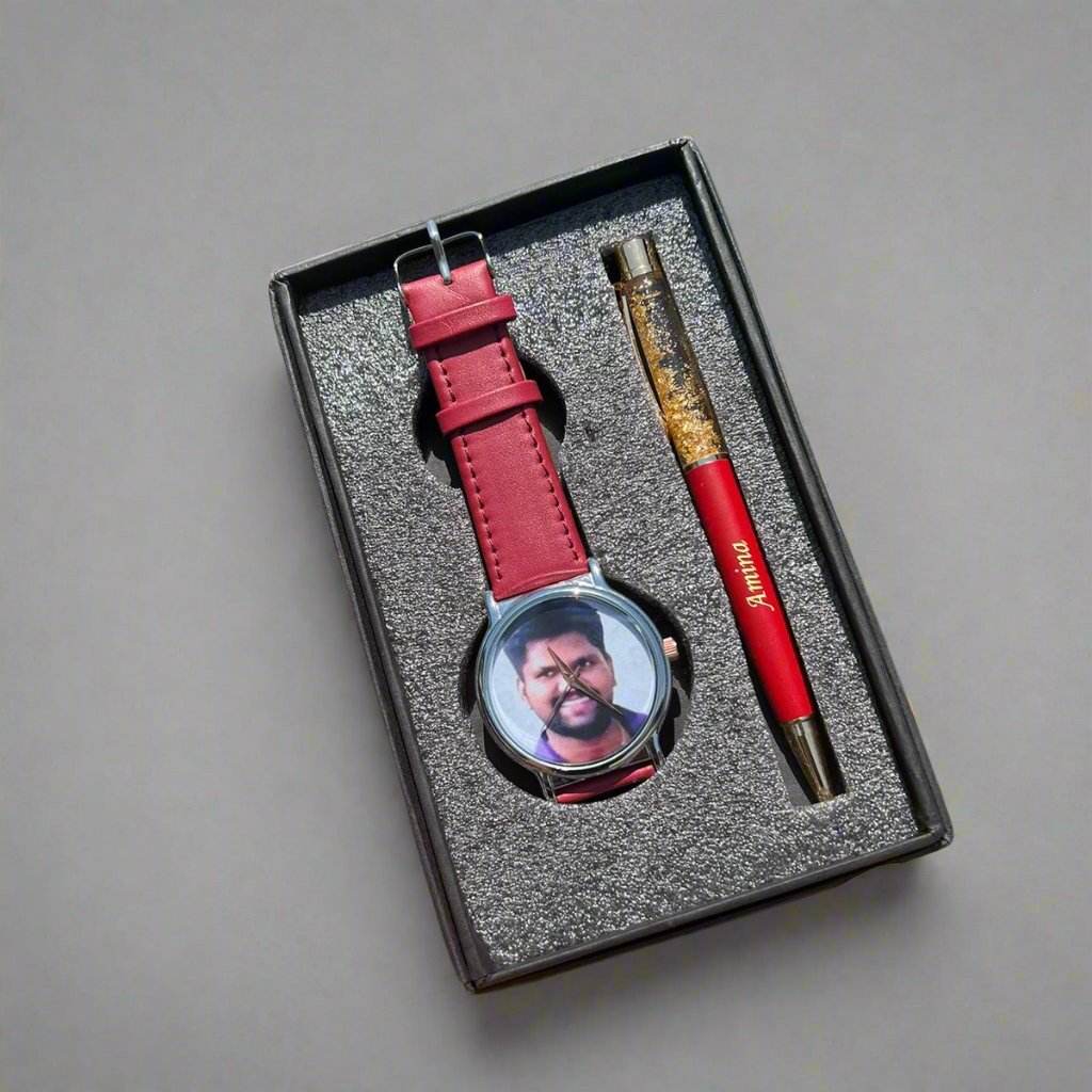 Customized Gift For
Boyfriend - Personalized Gift For Men - Gift For Husband - Photo Wrist Watch & Gold Flake Pen Combo - BBD GIFTS