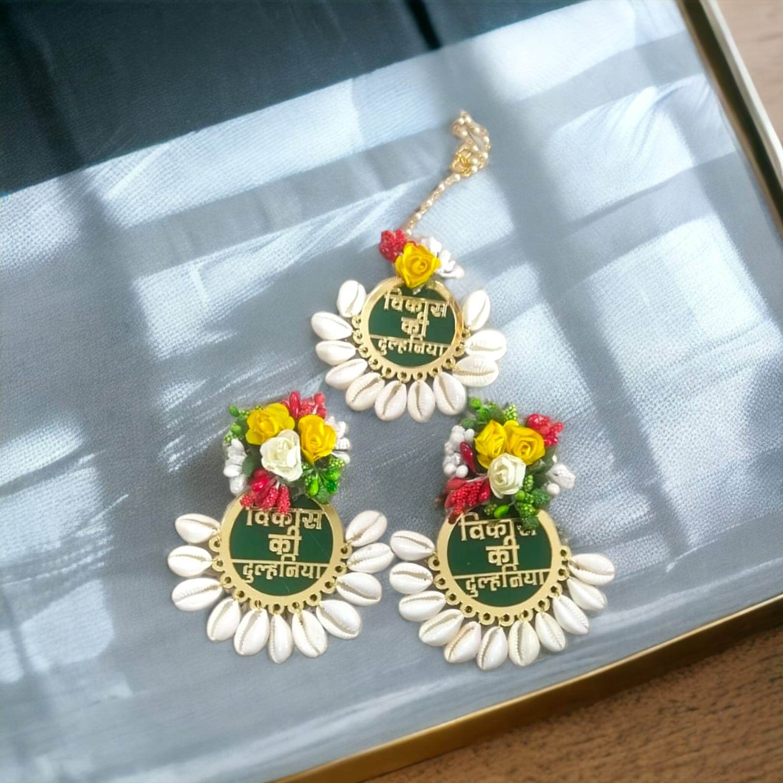 Dulhaniya Earrings with Mangtikka - Unique Sea Shell Design - Jewellery set for haldi function - Wedding jewellery - shell floral earrings - BBD GIFTS