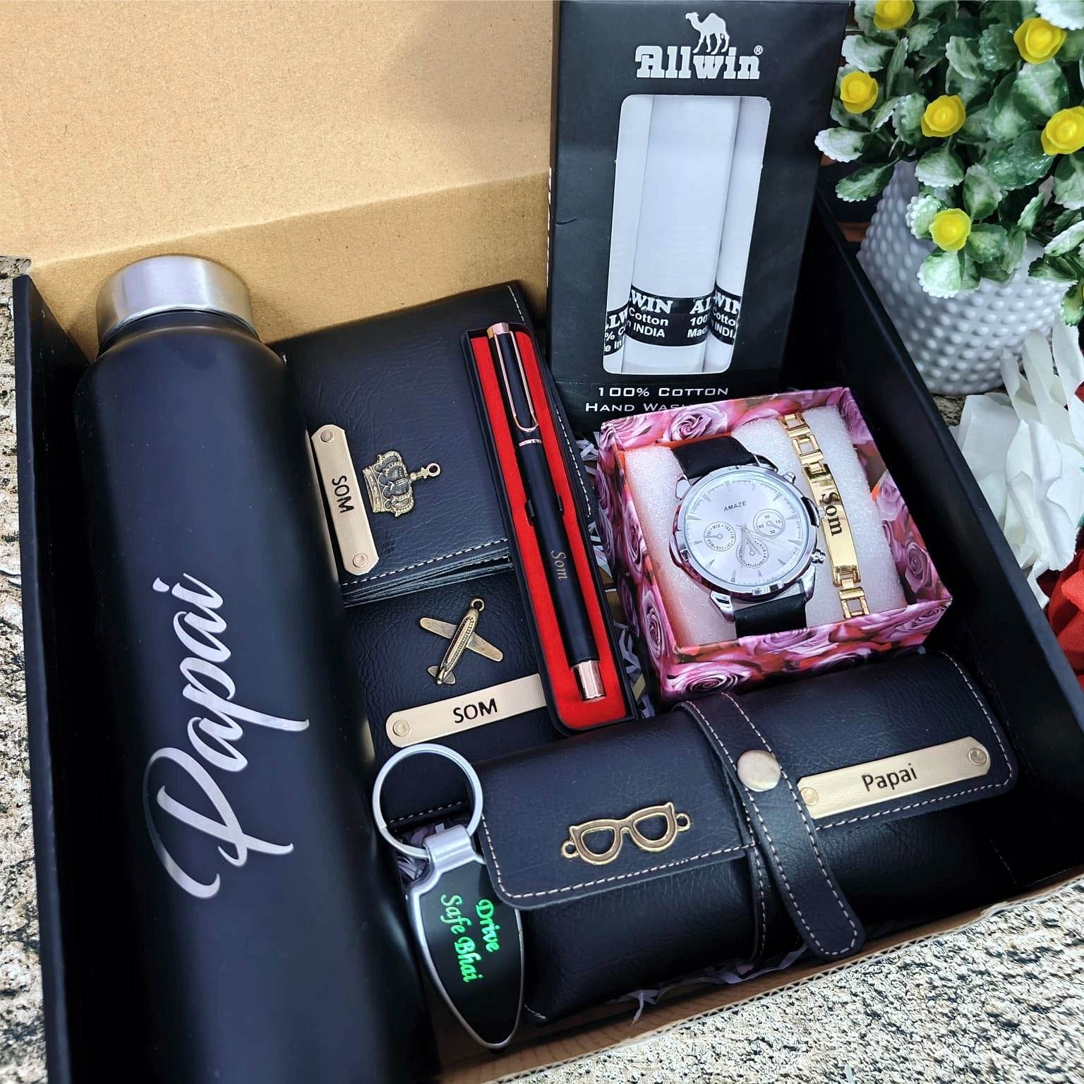 Personalized gift combo for men with bottle ,pen keychain,watch and