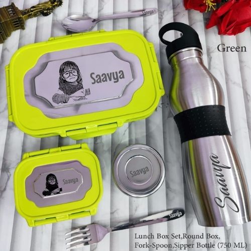Lunch box set with round box, fork, spoon, and a silver sipper bottle on a marble surface.