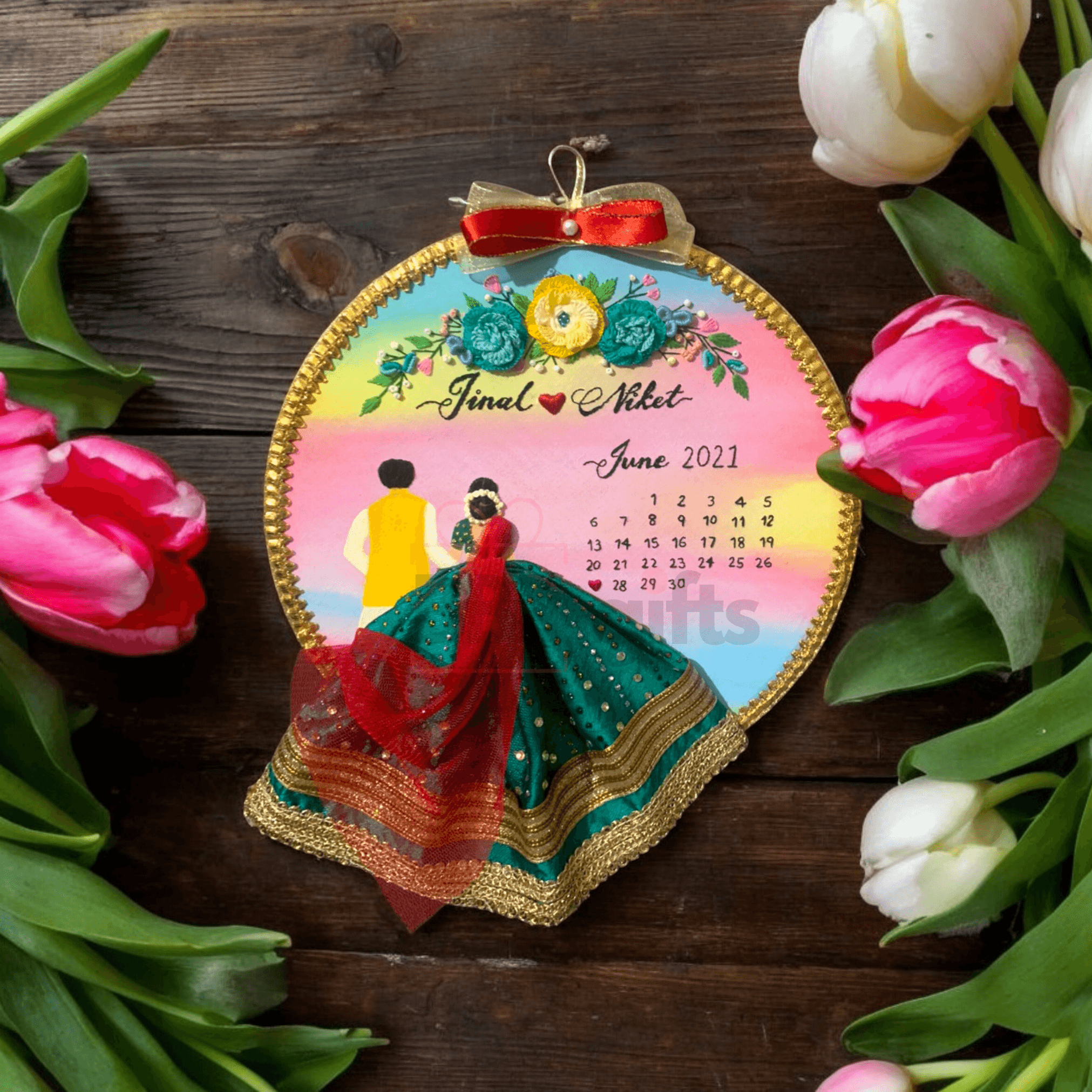 Customizable Bride & Groom Calendar embroidery Hoop | Personalized embroidery hoops | Anniversary Gift | Gift For Couples - BBD GIFTS