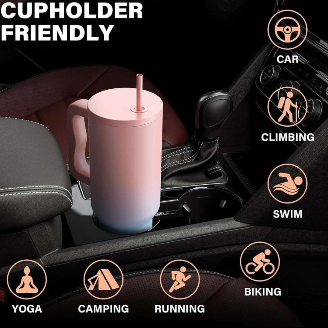 Cup with straw in a car cup holder, surrounded by icons and activities on a black background