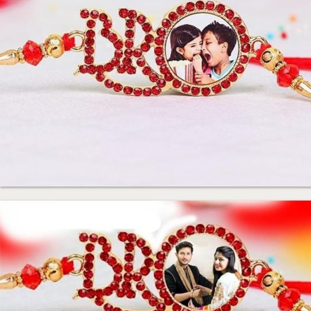 customized photo rakhi ,and bro is written with red colored stones and on letter 'o' photo placed.