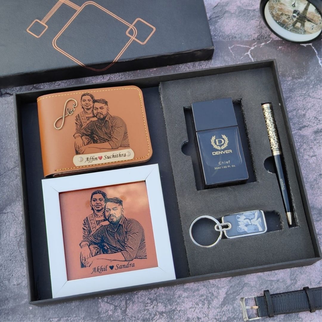 A collection of personalized items including a sketch frame, sketch wallet, sketch keychain, metal pen, and a perfume bottle, all displayed in a gift box.