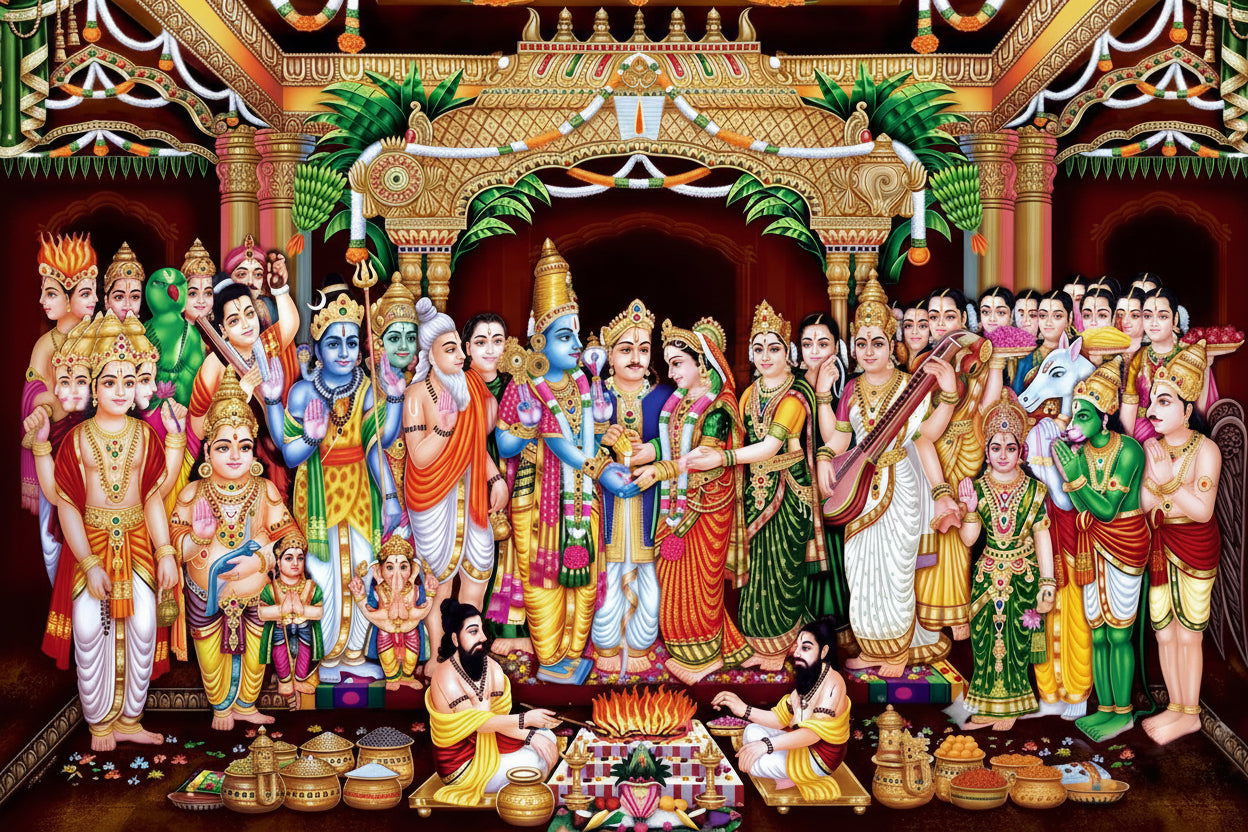 Decorative scene with multiple deities in a richly decorated setting