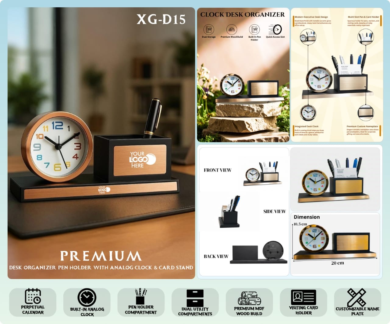 Desk organizer with clock and card stand, featuring customizable elements on a promotional poster.