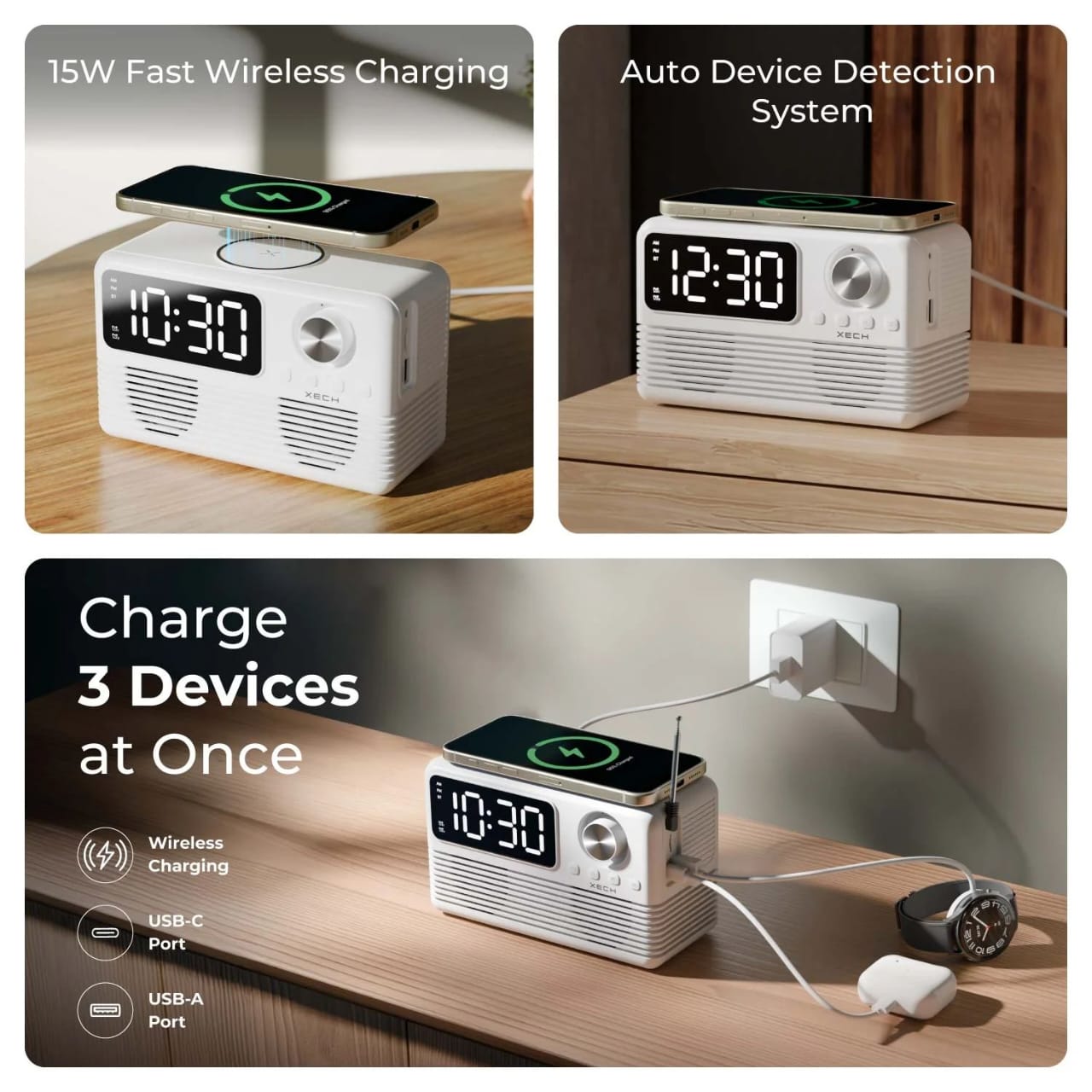 White clock radio with wireless charging and auto device detection features on a wooden surface.
