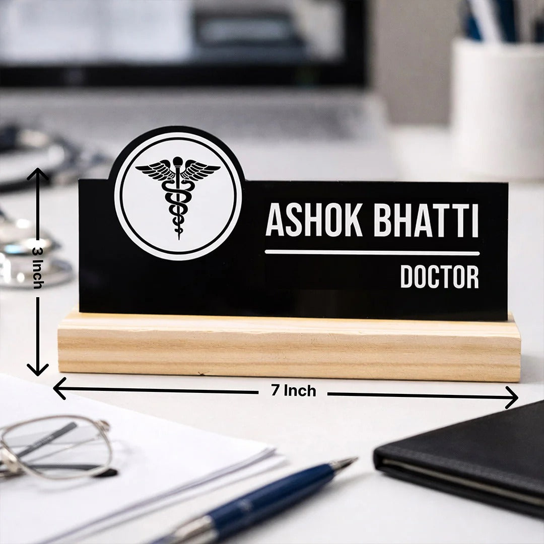 Nameplate with 'ASHOK BHATTI DOCTOR' on a wooden stand, with measurements indicated.