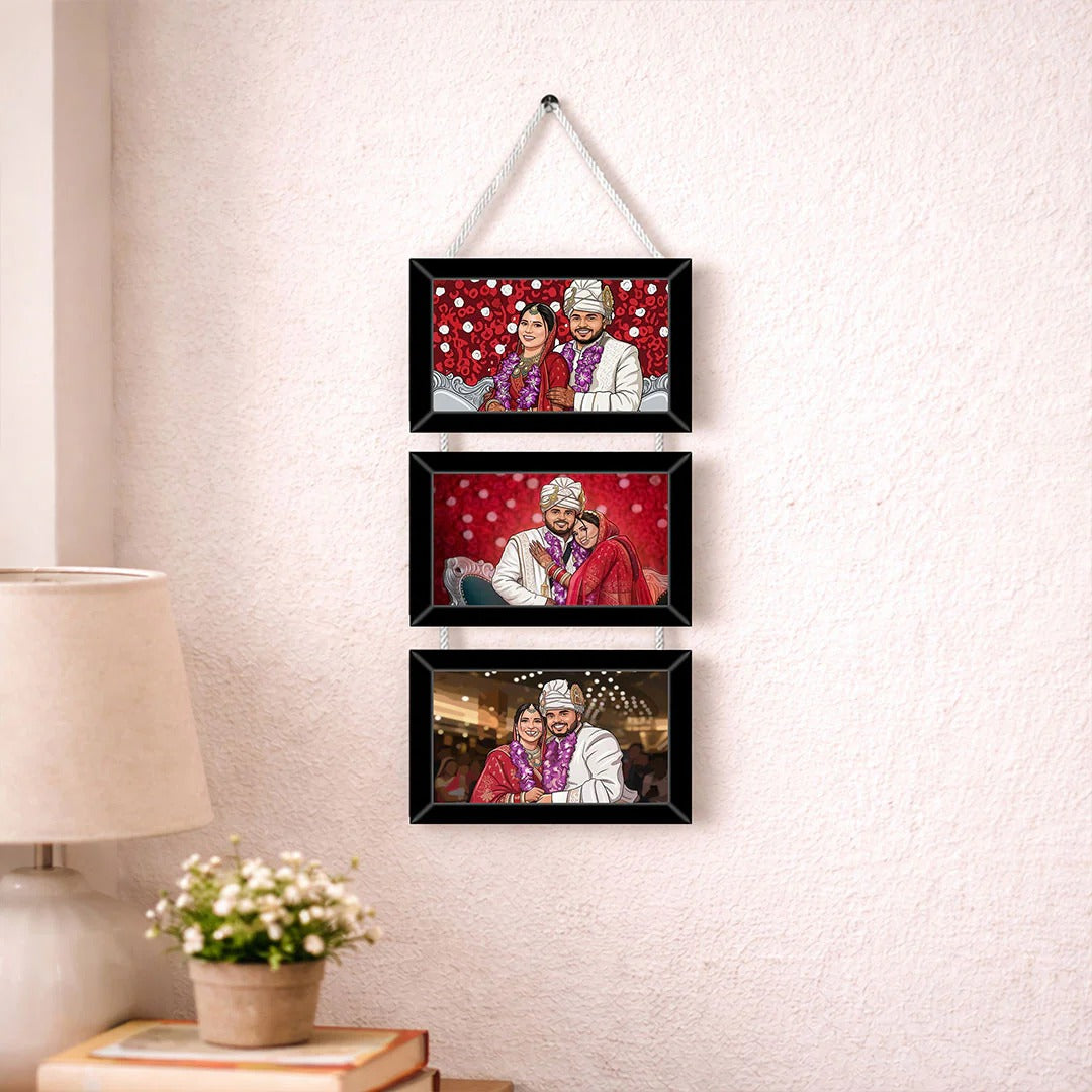 Three black photo frames hanging on a wall displaying family photos.