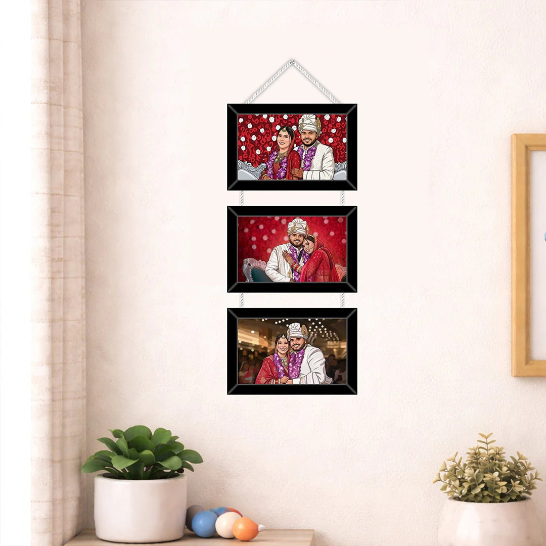 Set of three photo frames hanging on a wall with a couple's pictures.