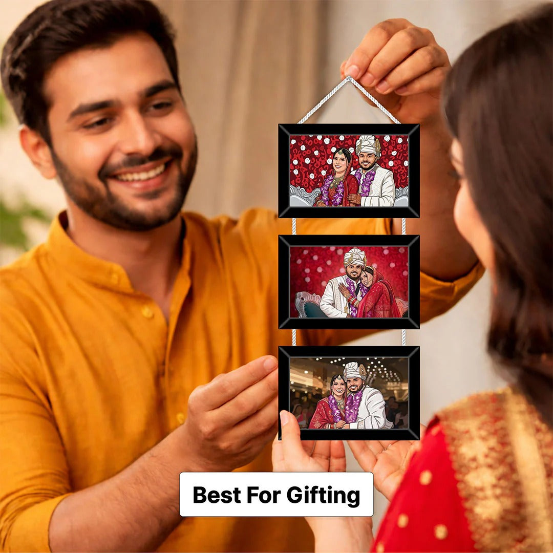 Person holding a hanging photo frame with images of a couple, suitable for gifting.