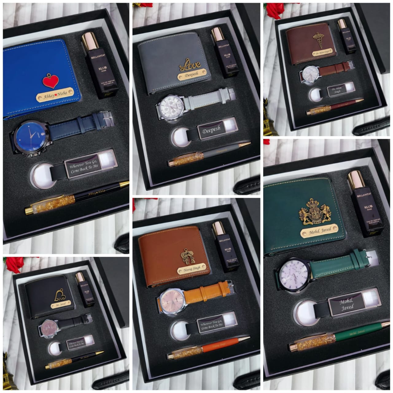 Collage of various men's accessories in gift boxes with visible brand names.