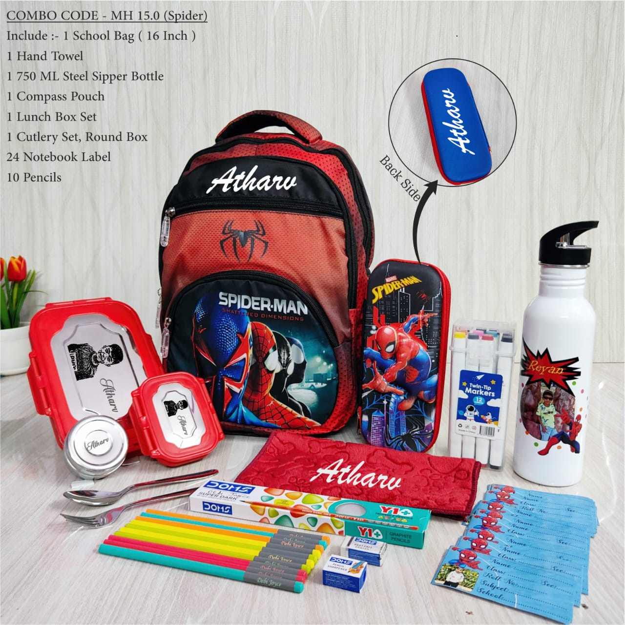 Spider-Man themed school supplies including a backpack, water bottle, and stationery items on a white surface.