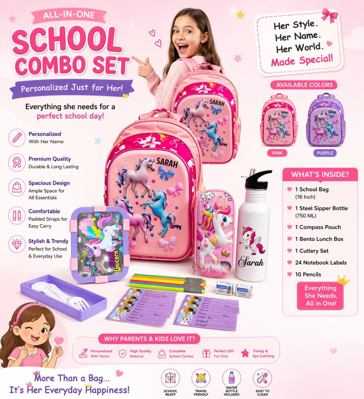 Pink school combo set with backpack, water bottle, and stationery items for a girl named Sarah on a pink background.