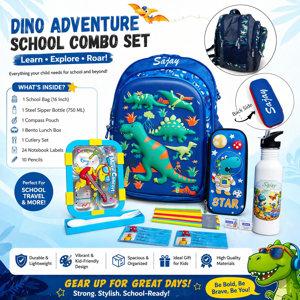 Dino Adventure School Combo Set with backpack, water bottle, and stationery items on a blue background