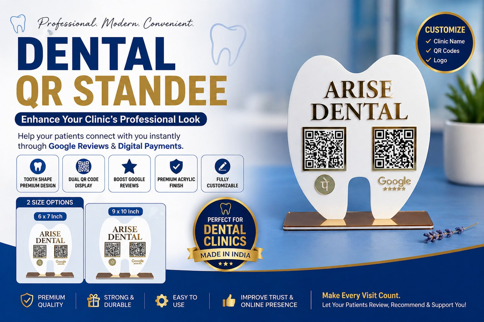 Dental QR standee with branding and product details on a blue background