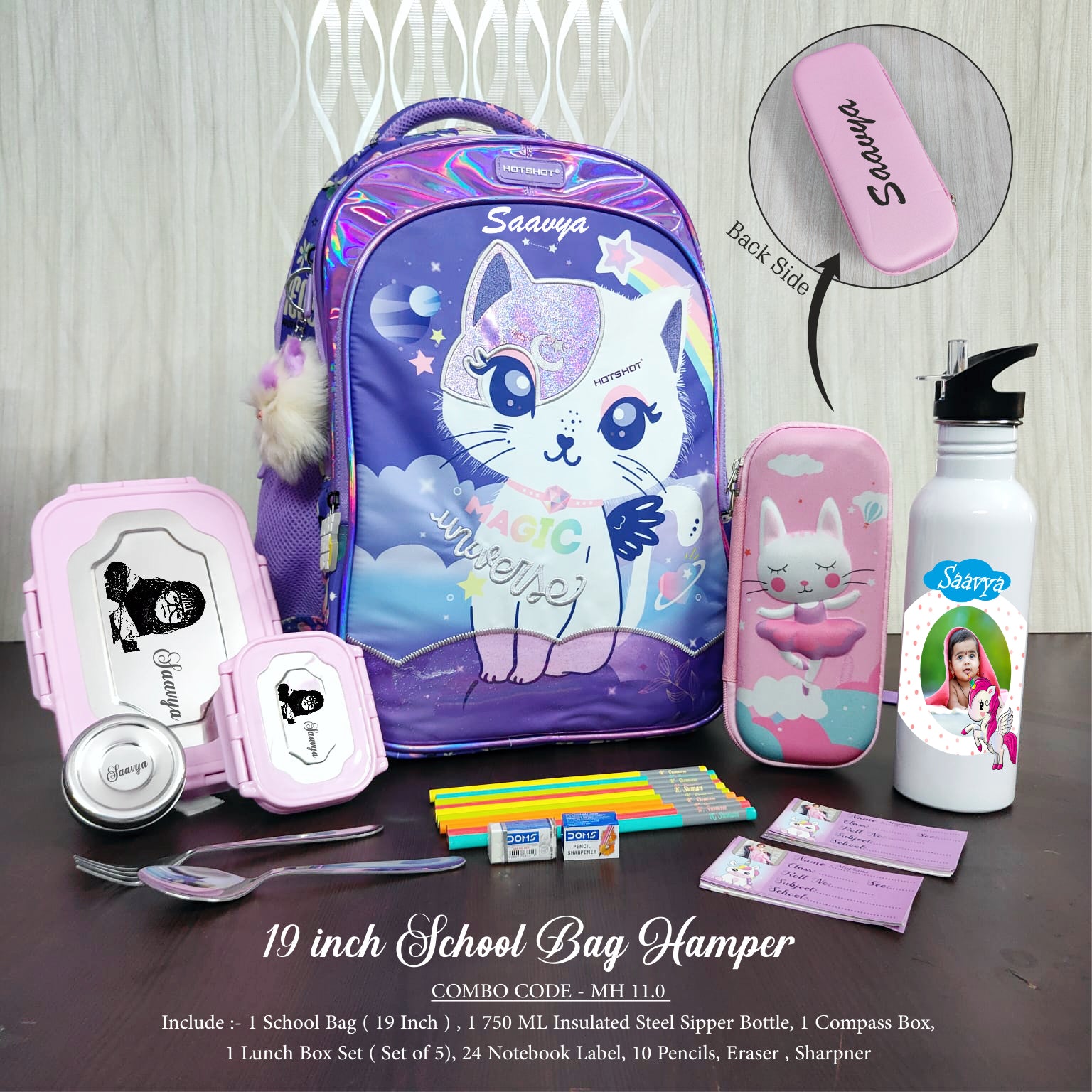 School bag hamper with various stationery items on a wooden surface