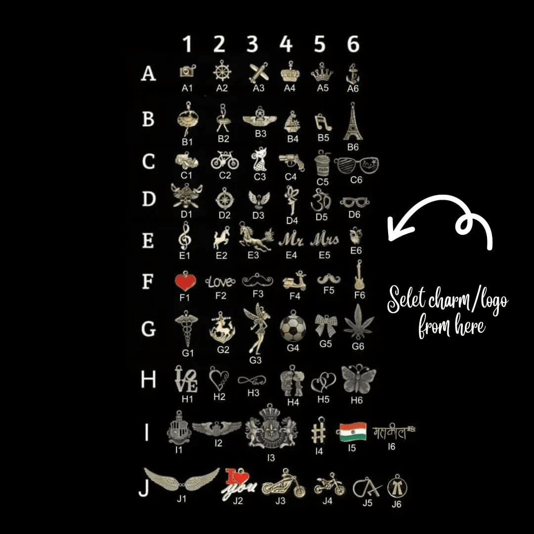 Collection of various charms or logos arranged alphabetically on a black background.