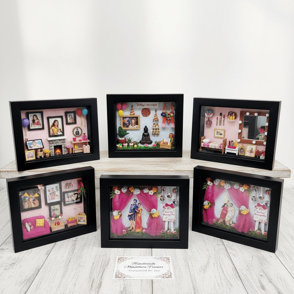 Set of six black framed shadow boxes with various scenes and people on a white surface.