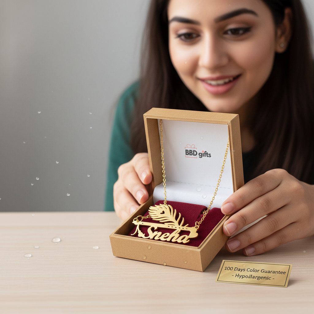 Woman holding a gold necklace with 'Sneha' engraved in a branded box.