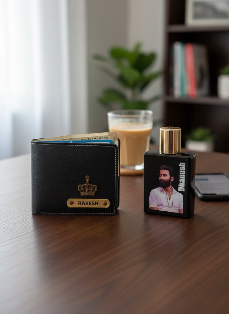 Black wallet and perfume bottle on a table with a blurred background
