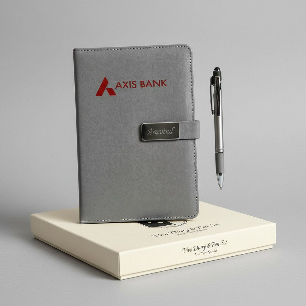 Gray Axis Bank diary with pen on a gray background
