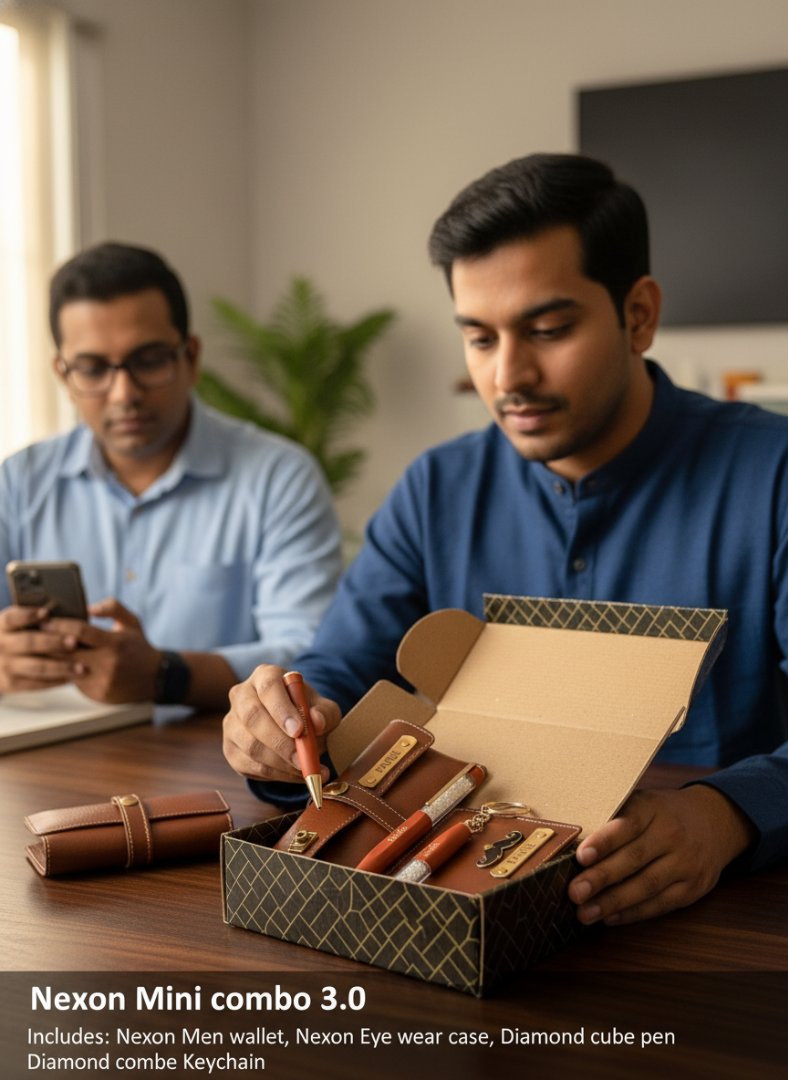 Two men in an office setting with one opening a box containing Nexon products.