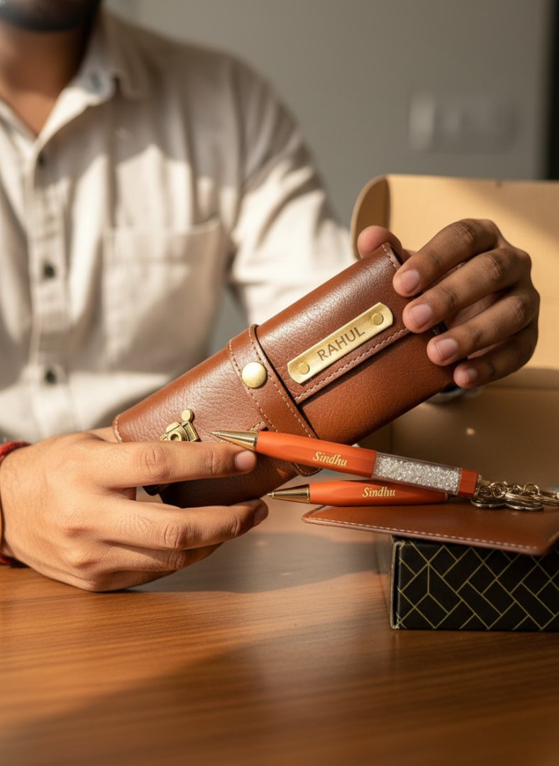 Person holding a brown leather wallet with 'FABUL' branding on a wooden table.