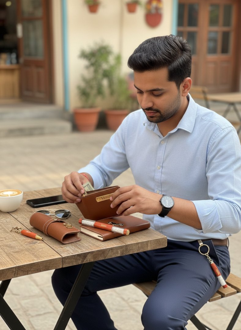 Man sitting at an outdoor table organizing items in a leather wallet.