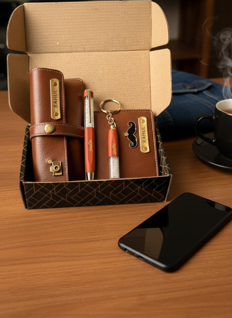 Set of brown leather wallet, pen, and keychain in a box on a wooden table with a phone and coffee cup.