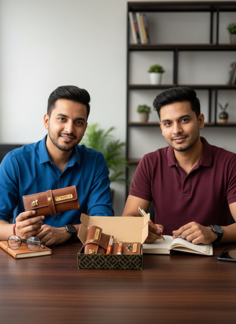 Two men sitting at a table with leather-bound books and a box, in a room with a bookshelf.