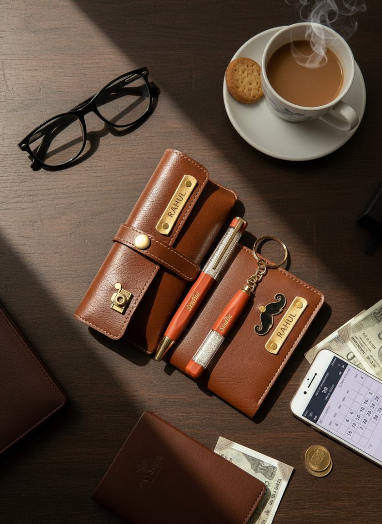 Brown leather wallet with accessories on a wooden surface with a cup of coffee and glasses.