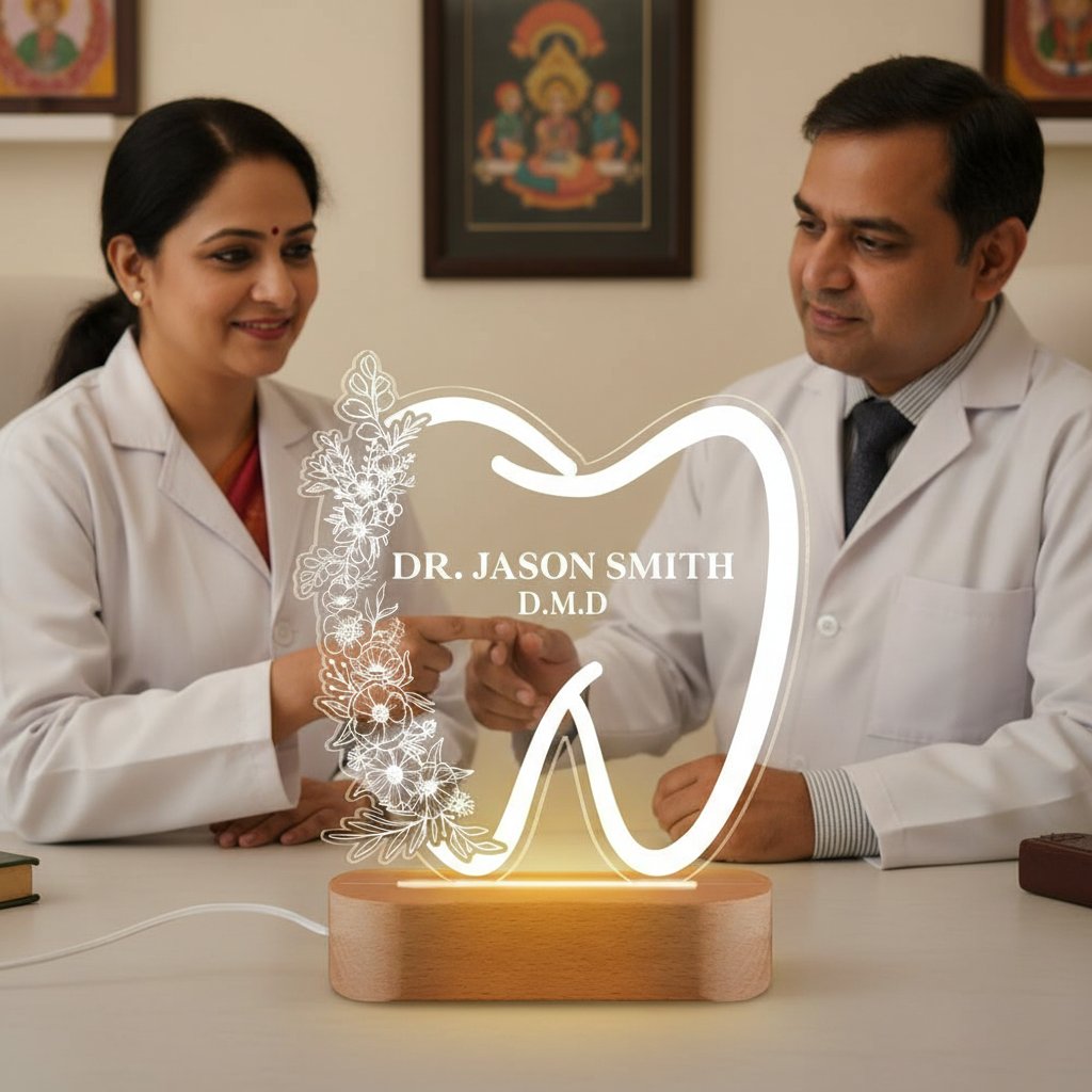Two dentists sitting behind a decorative tooth lamp with 'Dr. Jason Smith D.M.D.' on it.