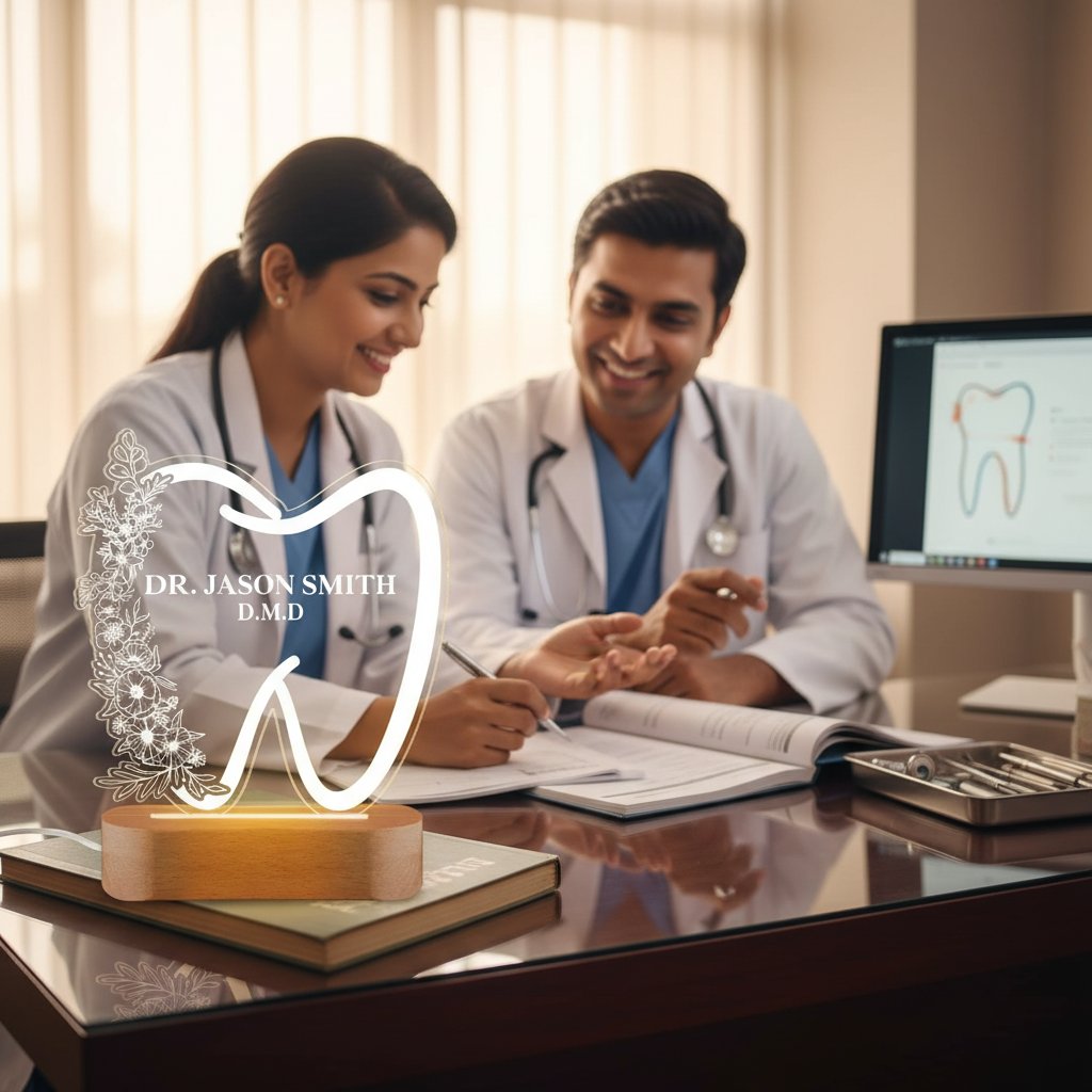 Two doctors in a consultation with a dental model and tools on a desk.