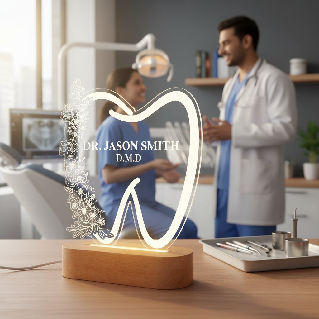 Decorative lamp with 'Dr. Jason Smith D.M.D.' on a desk in a dental office setting.