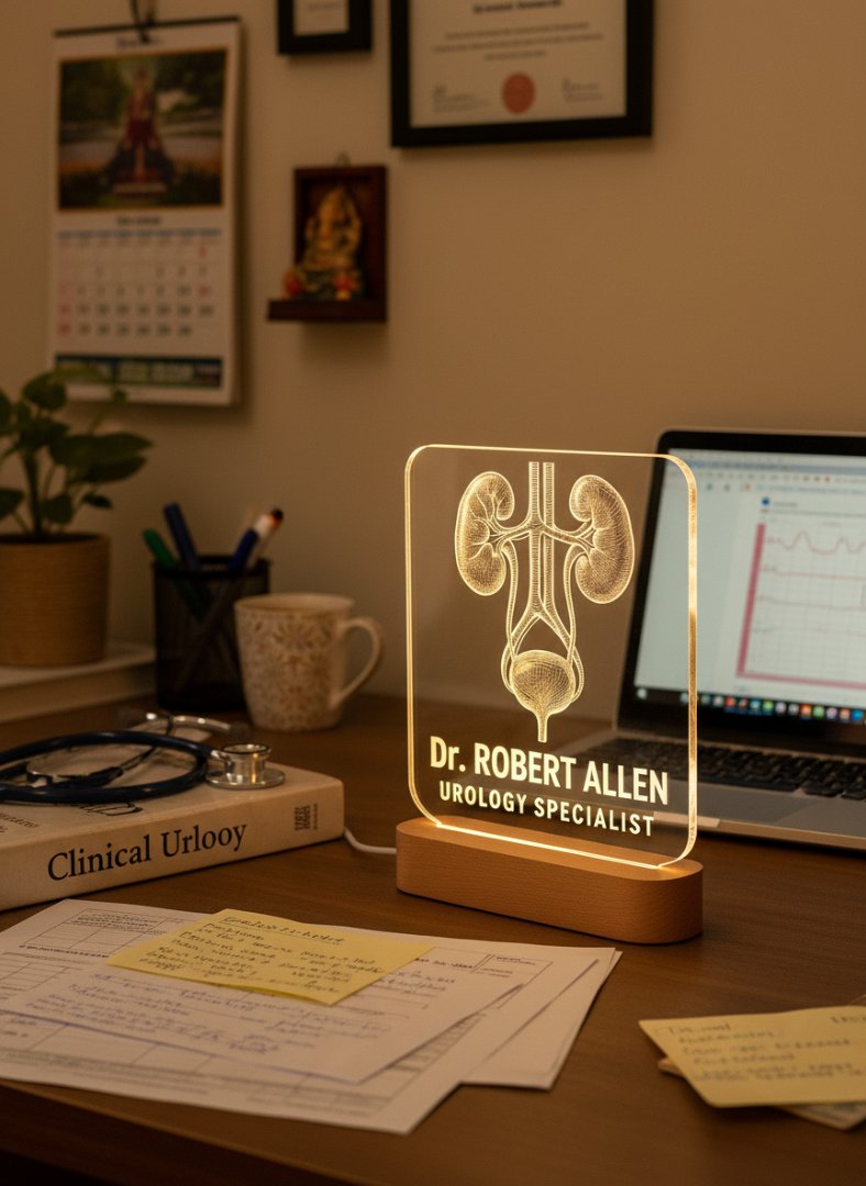 Desk with a lamp displaying 'Dr. Robert Allen Urology Specialist', laptop, books, and stationery.
