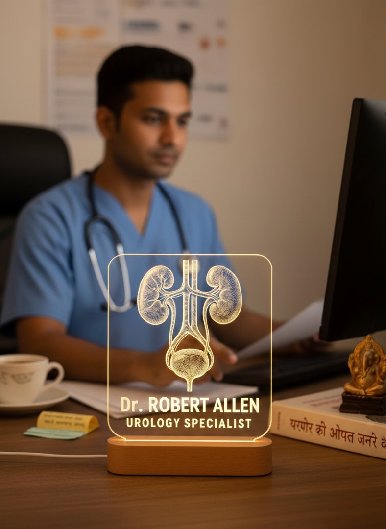 Urology specialist desk with a personalized lamp and medical equipment.
