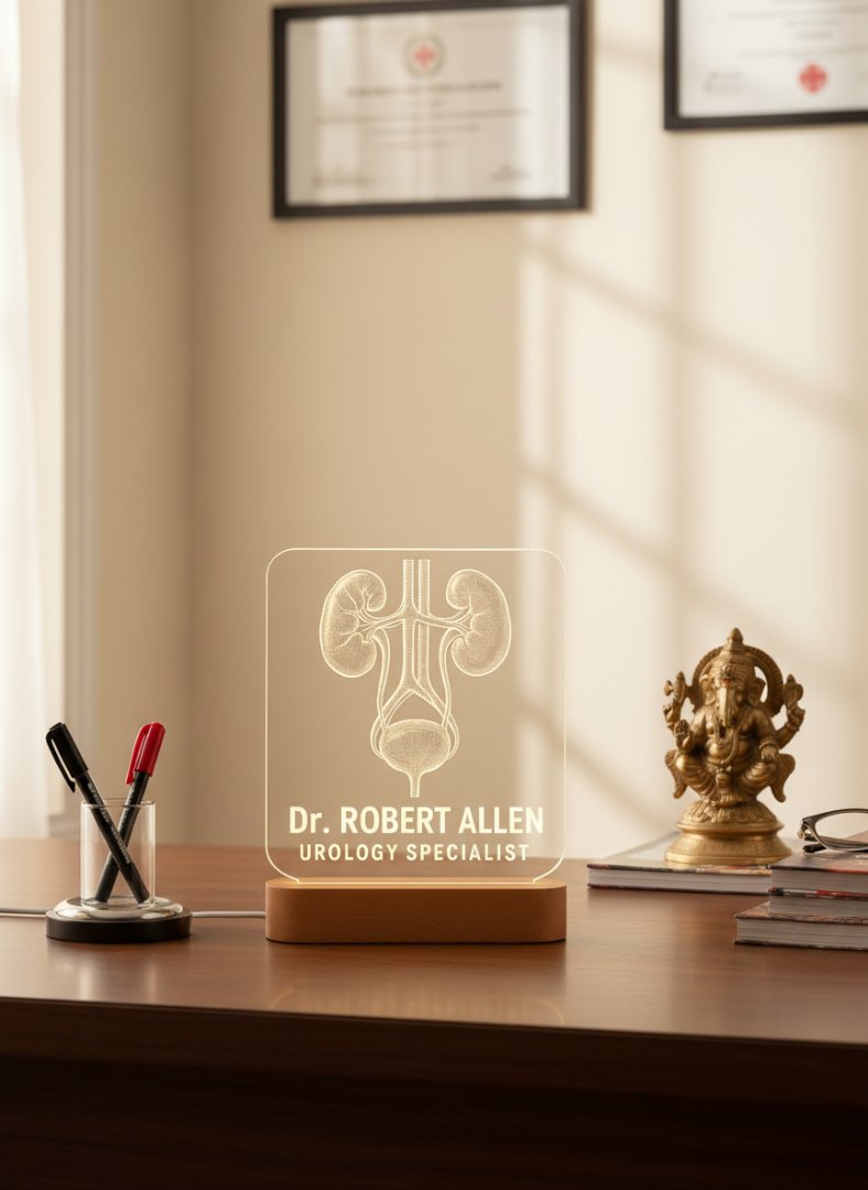 Desk with a personalized lighted sign, pens, and a statue in an office setting.