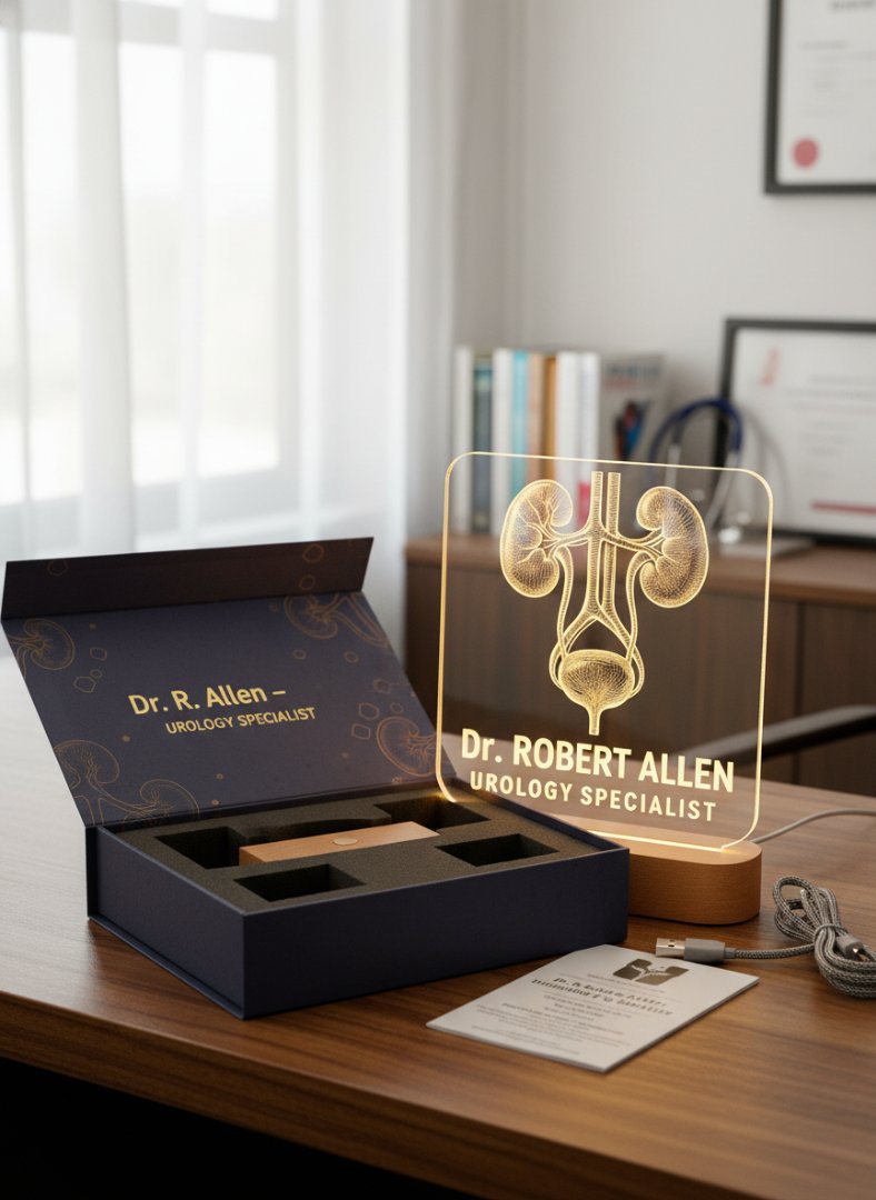 Personalized desk lamp with medical specialty branding on a wooden surface.