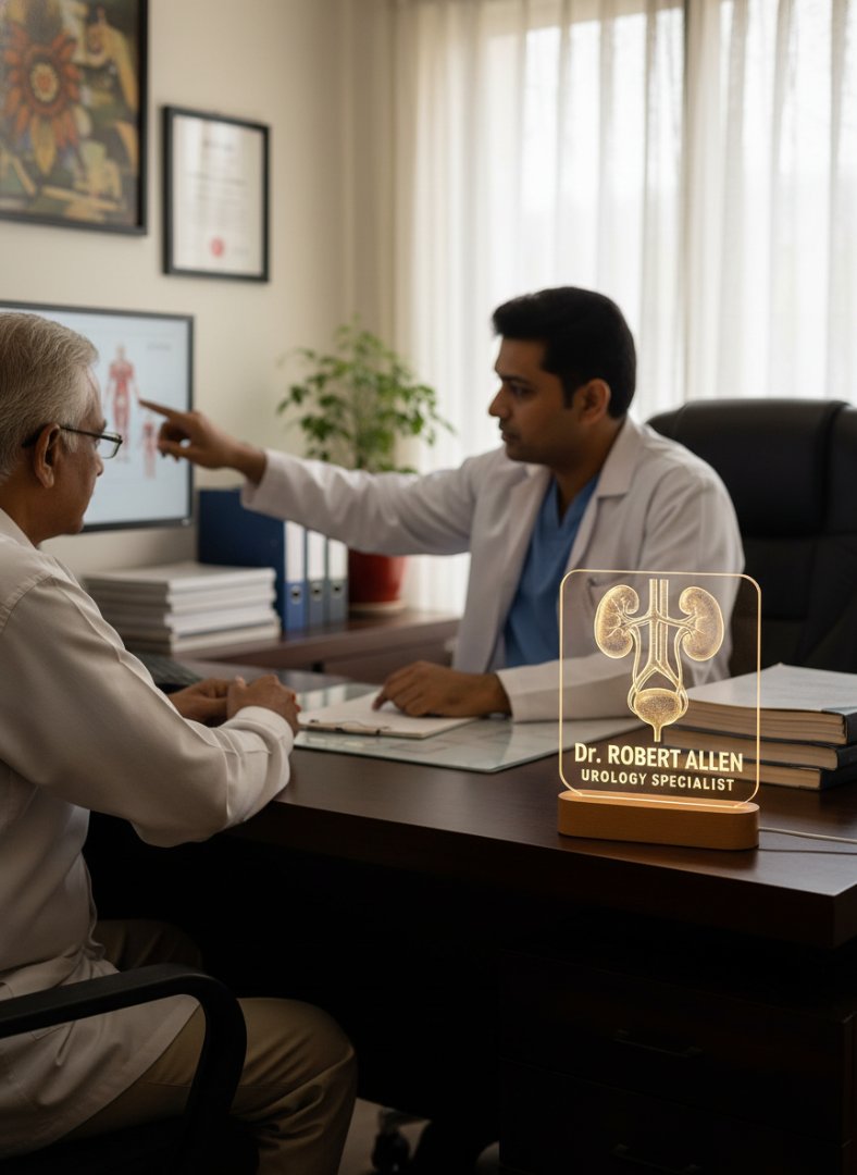 Doctor explaining something to a patient with a desk lamp in the foreground.