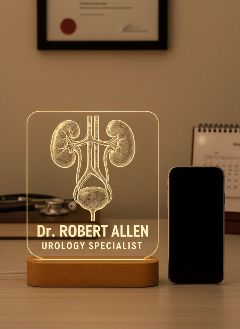 LED desk lamp with kidney diagram and 'Dr. Robert Allen Urology Specialist' text on a wooden base.