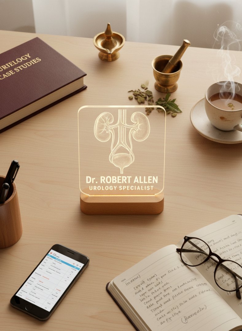Desk setup with a personalized LED desk lamp, phone, notebook, and tea cup.